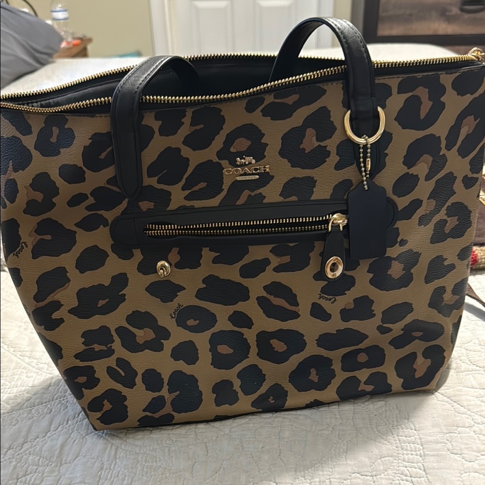 Coach Leopard Print Tote - Black and Tan